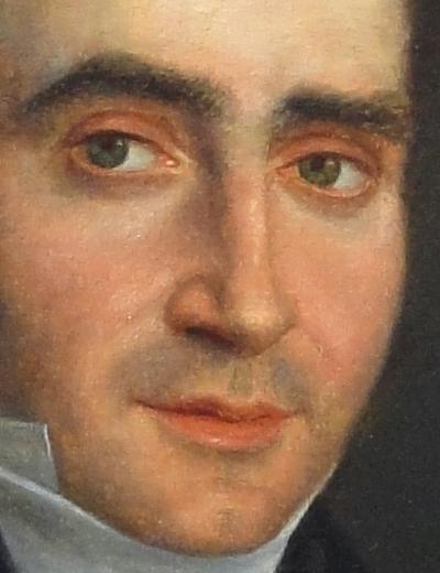 <p><strong><em>Portrait anonyme, </em>Claude Jovet</strong><em>,</em> 1820, huile sur toile, 64,5 x 54 cm, détails du visage</p>