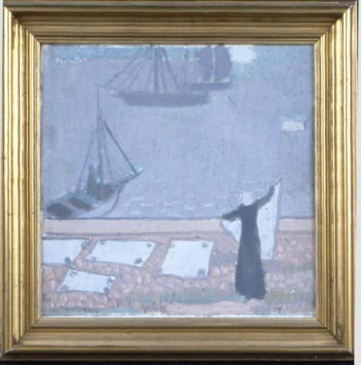 <p>Maurice Denis, Blanchisseuse, port de Perros-Guirec,<em> </em>huile sur carton, vers 1897</p>
