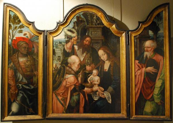 <p><strong><em>Triptyque de l’Adoration des Mages (MNR 993)</em>, de l’atelier du maitre de l’adoration d’Utrecht</strong>, fin du XV<sup>e</sup> siècle ou début du XVI<sup>e</sup> siècle</p>
