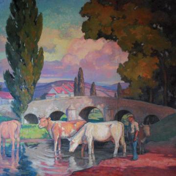 Raymond Rochette,&nbsp;Vaches au pont de Mesvres,&nbsp;huile sur contreplaqué,&nbsp;1934,&nbsp;H. 160 ; L. 130 cm, collection particulière,&nbsp;© ville d’Autun, musée Rolin / photo B.M.C.
