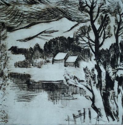Raymond Rochette, Paysage de neige à l’étang de Mesvrin, gravure à la pointe sèche sur cuivre, collection particulière © ville d’Autun, musée Rolin / photo B.M.C.
