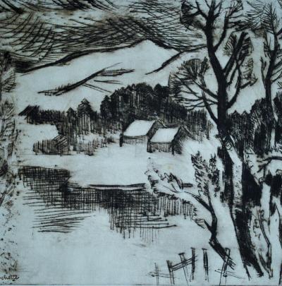 Raymond Rochette,&nbsp;Paysage de neige à l’étang de Mesvrin, gravure à la pointe sèche sur cuivre,&nbsp;collection particulière © ville d’Autun, musée Rolin / photo B.M.C.
