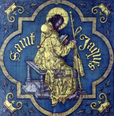 Pierre Coustain (attribué à), Fragment d'étendard de Charles le Téméraire : Saint-Jacques, peinture sur soie, 2e moitié du XVe siècle