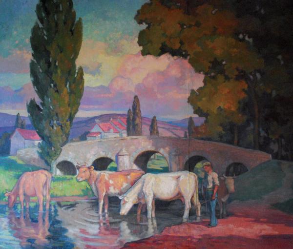 Raymond Rochette,&nbsp;Vaches au pont de Mesvres,&nbsp;huile sur contreplaqué,&nbsp;1934,&nbsp;H. 160 ; L. 130 cm, collection particulière,&nbsp;© ville d’Autun, musée Rolin / photo B.M.C.
